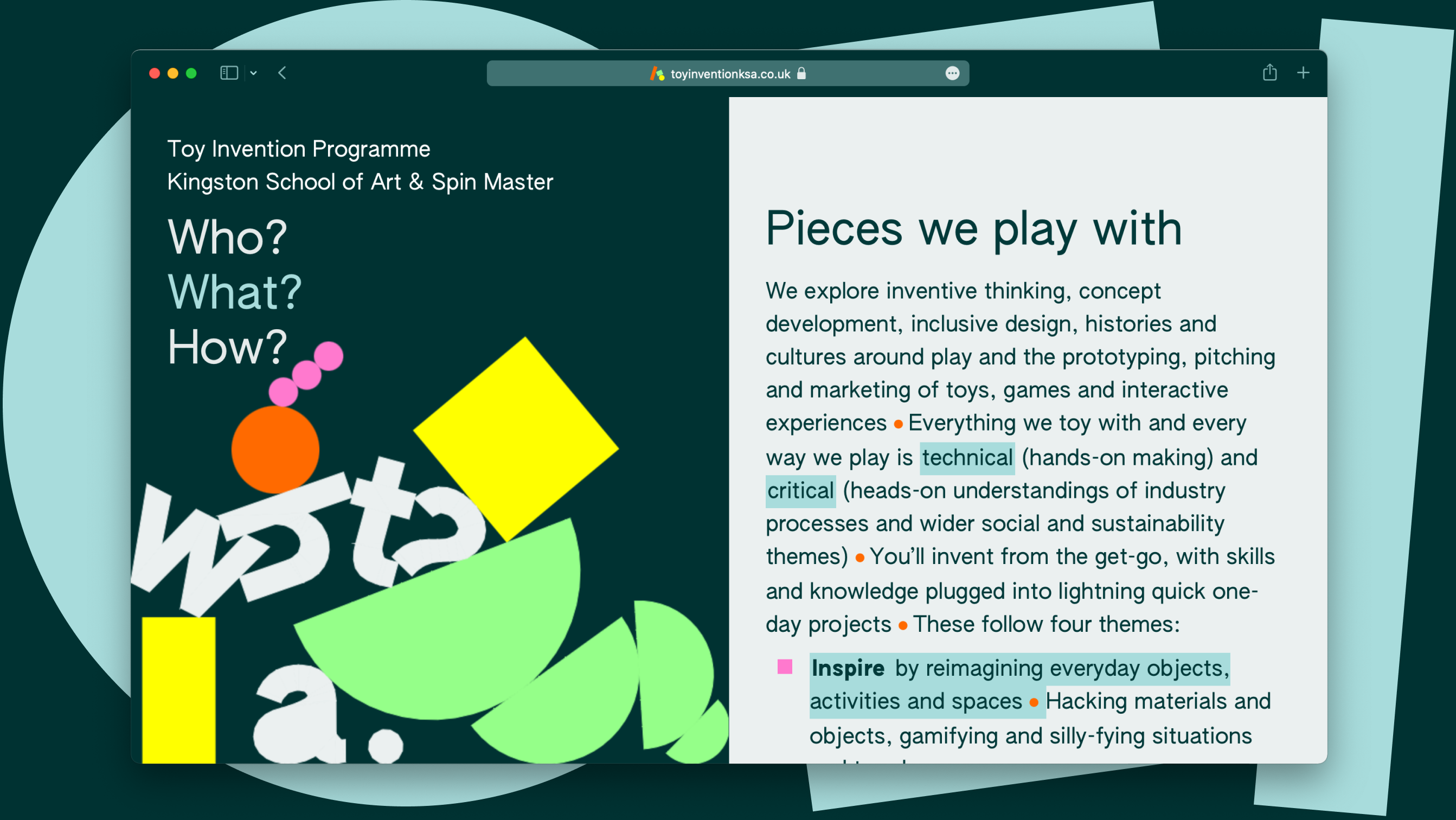 Screenshot of a website for a toy invention programme